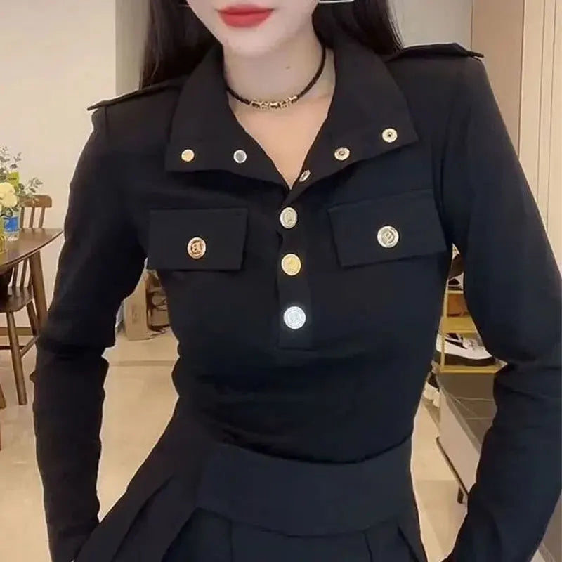 Fashion Epaulet Pullovers Casual Solid Color Spring Autumn Long Sleeve Turn-down Collar Button Shirt