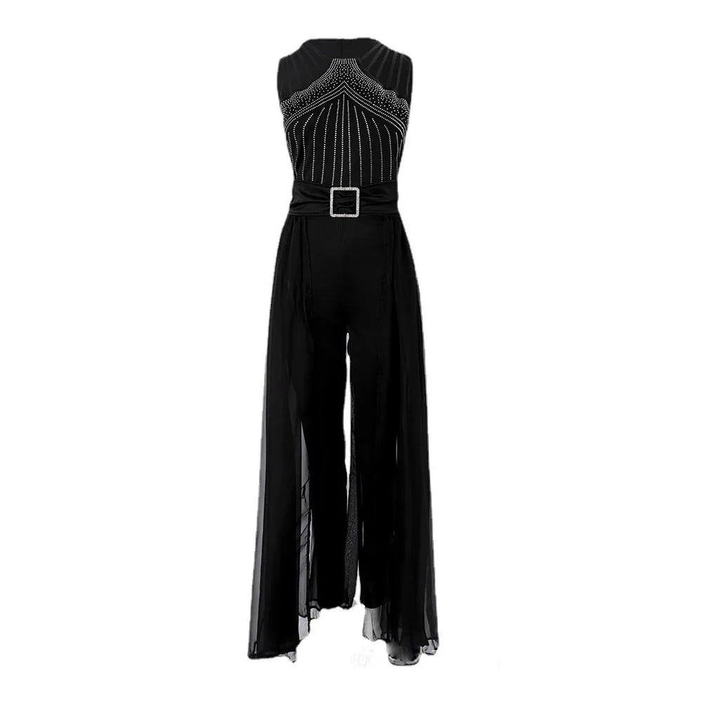 Sexy Sleeveless Jumpsuit, Elegant Hot Rhinestone Mesh Top
