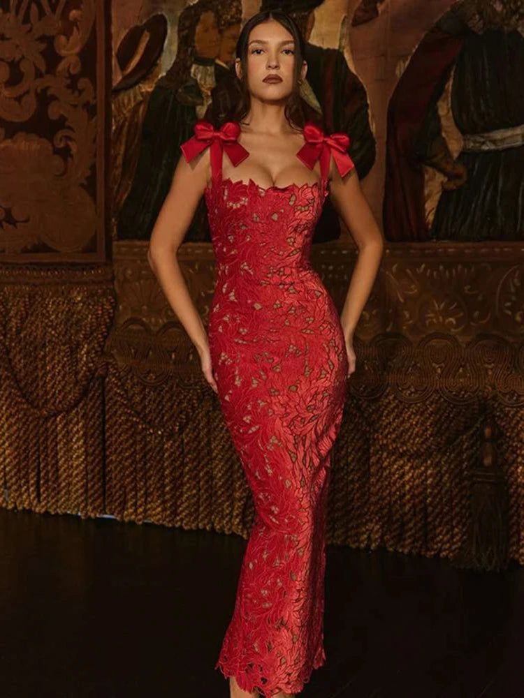 Bows Lace  Sleeveless Backless Bodycon Sexy Maxi Dress
