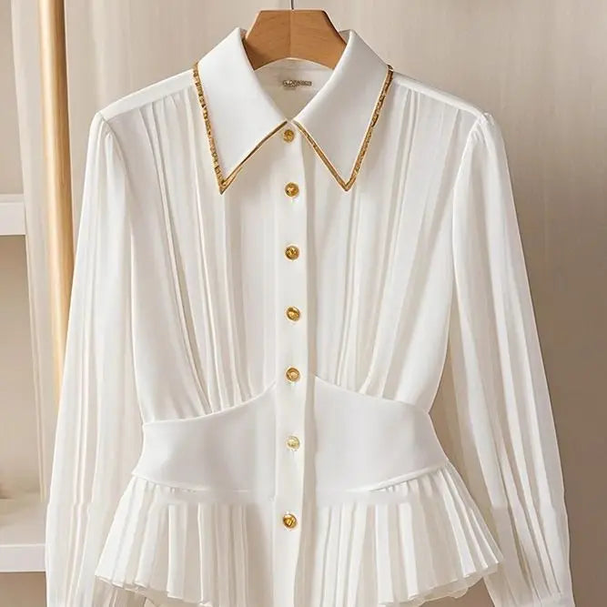 French Hepburn Style Niche Light Luxury High-end Feeling Pleated Polo Collar White Shirt