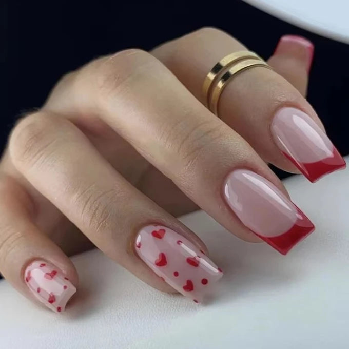 Romantic Valentine's Day Red Love Heart Charm Red Lips Almond Fake Nails