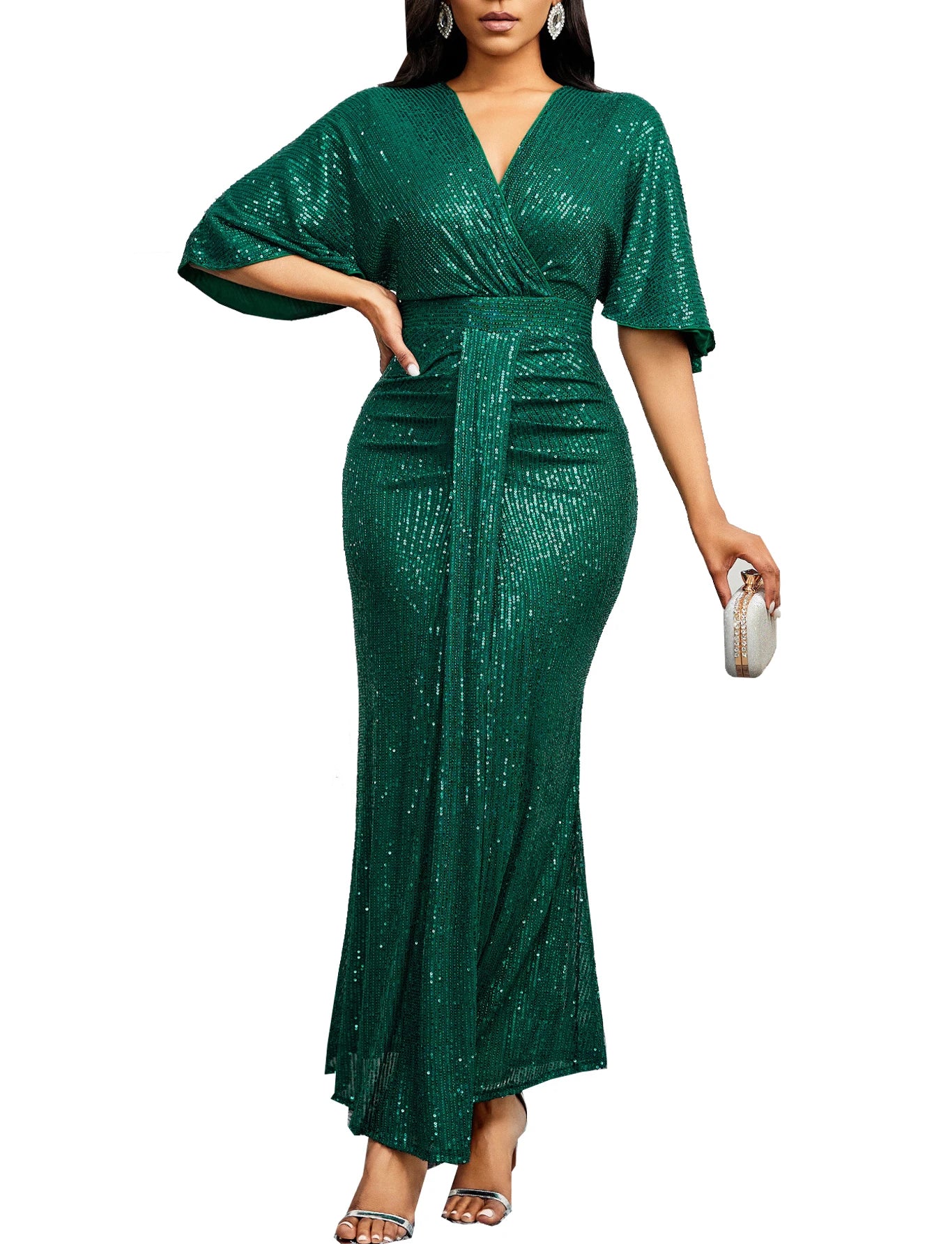 Summer Elegant V-Neck Ruffles Short Sleeves Vintage Pencil Pleats Slim Fit Dress