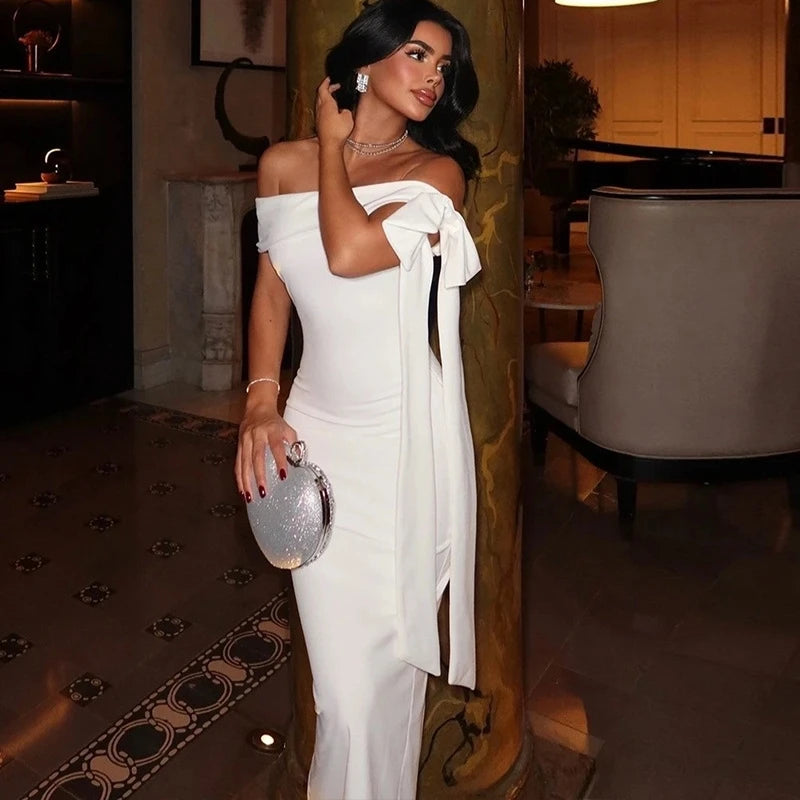 Long Tunics Slim and Elegant Off Shoulder Strapless Lace Up Dress