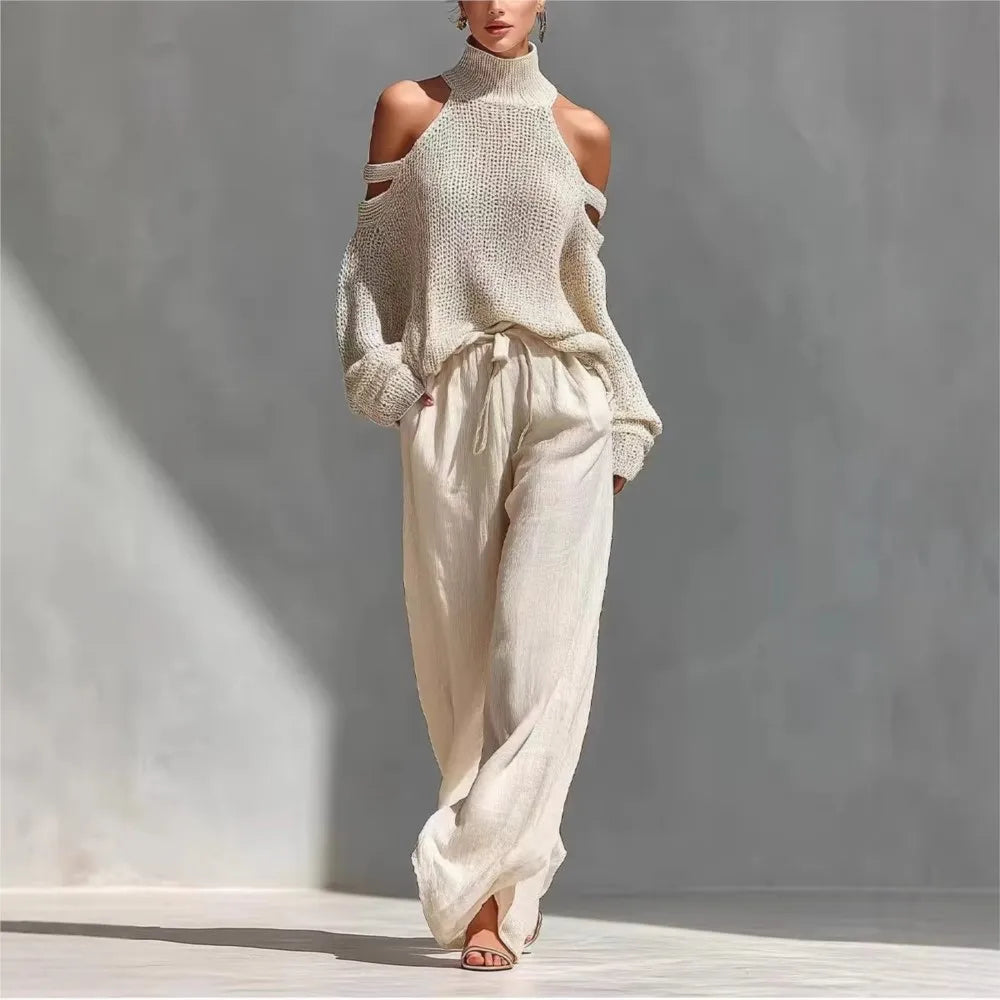 Fashion High Collar Off-Shoulder Knitted 2‑Piece Set – Sexy Hollow Top & Loose Wide-Leg Trousers