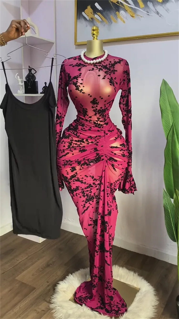 Long Sleeve Stacked Mesh See Though with Lining Bodycon Long Dress