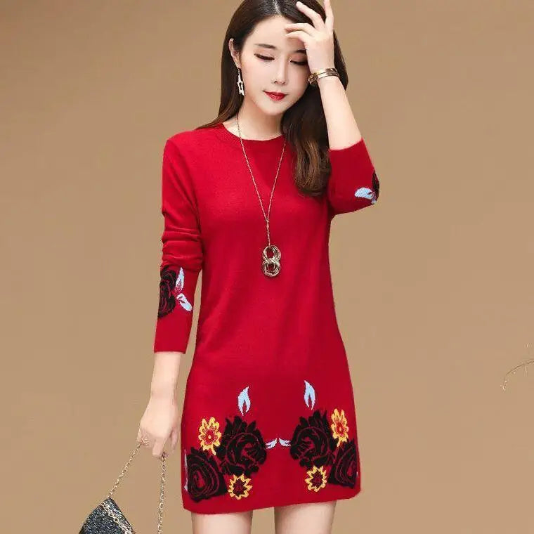 Autumn and Winter  Round Neck Long Sleeve Slim Pullover Plus Size Midi Underlay Printing Dress