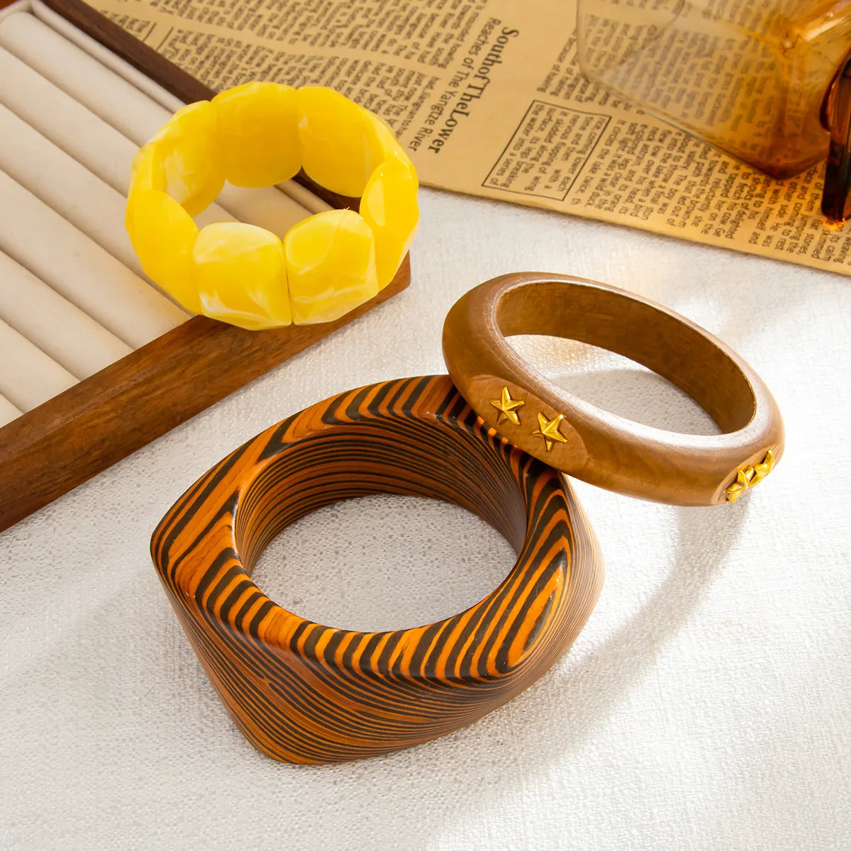 Smudged Acrylic Elastic Bangles Wood Unique Design Versatile Bracelets