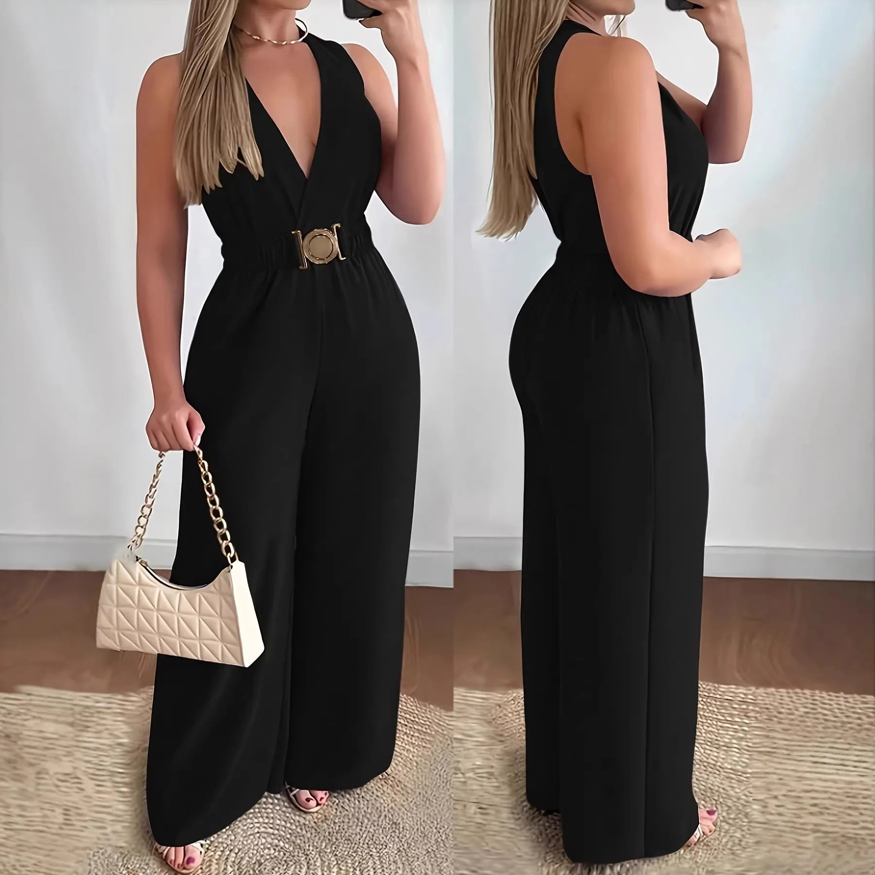 Deep V-Neck Wide-Leg Jumpsuit for Women