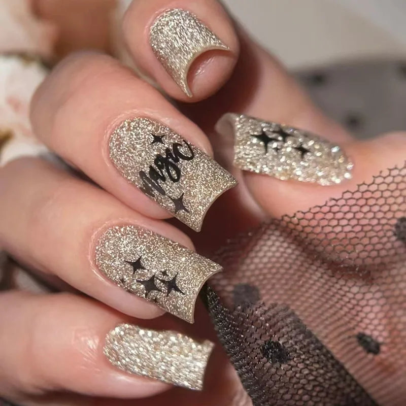 24Pcs Mid-length Square Press-On Nails with Golden Butterfly Design