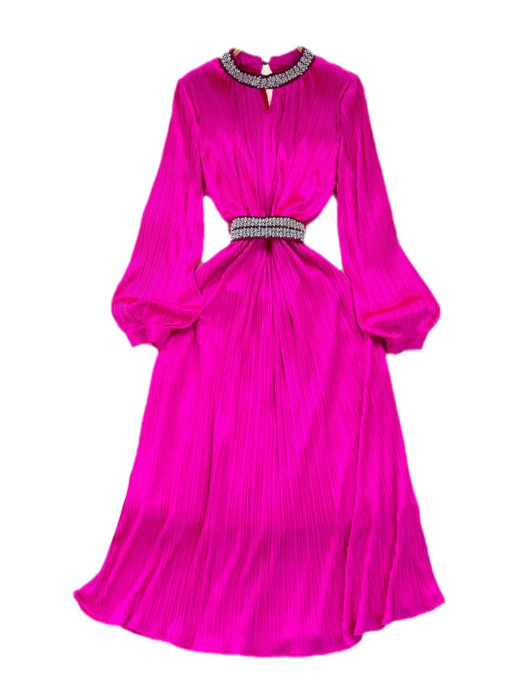 Diamond Pleated High Waist Stand Collar Long Sleeve A-line Dresses