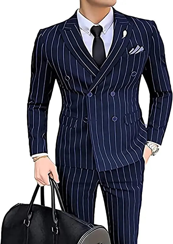 Double-breasted Wedding Groomman Pinstripe Notched Lapel For  (Blazer+Pants)