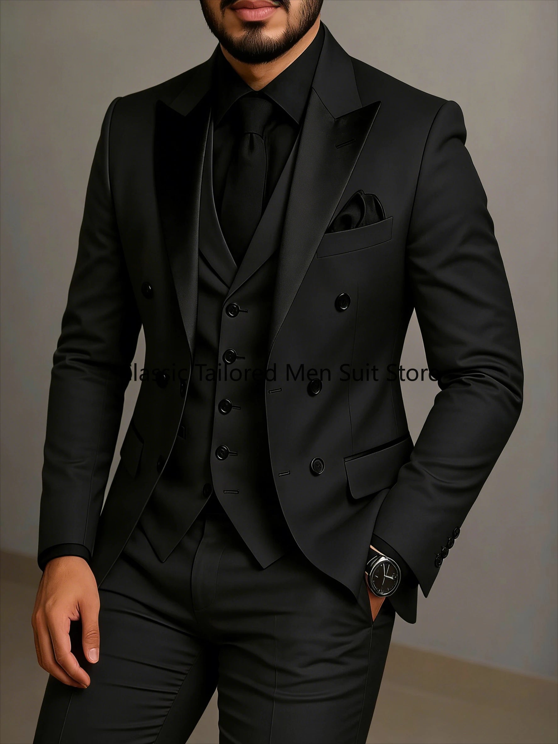 Beige Double Breasted Suit  Black Lapel  Slim Fit Wedding Suit