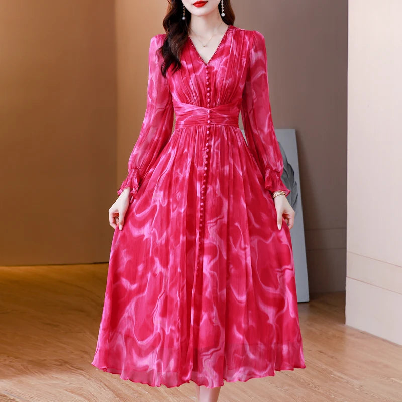 Summer New Long sleeved V-Neck French Silk Lace Splice Printed Waist Slim Over Knee Long Dress