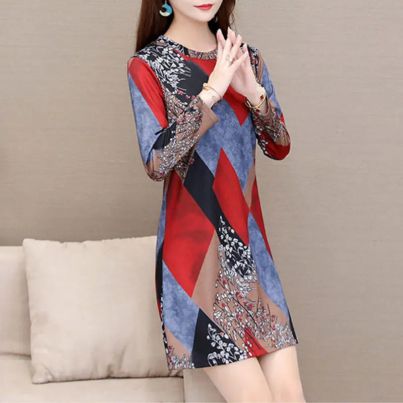 Women 2023 Autumn Winter Chic Tie Dye Mini Dress Office Lady Fashion Elegant Long Sleeve A-Line Printing Slim Round Neck Dresses