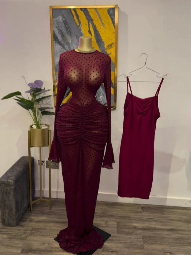 Long Sleeve Stacked Mesh See Though with Lining Bodycon Long Dress