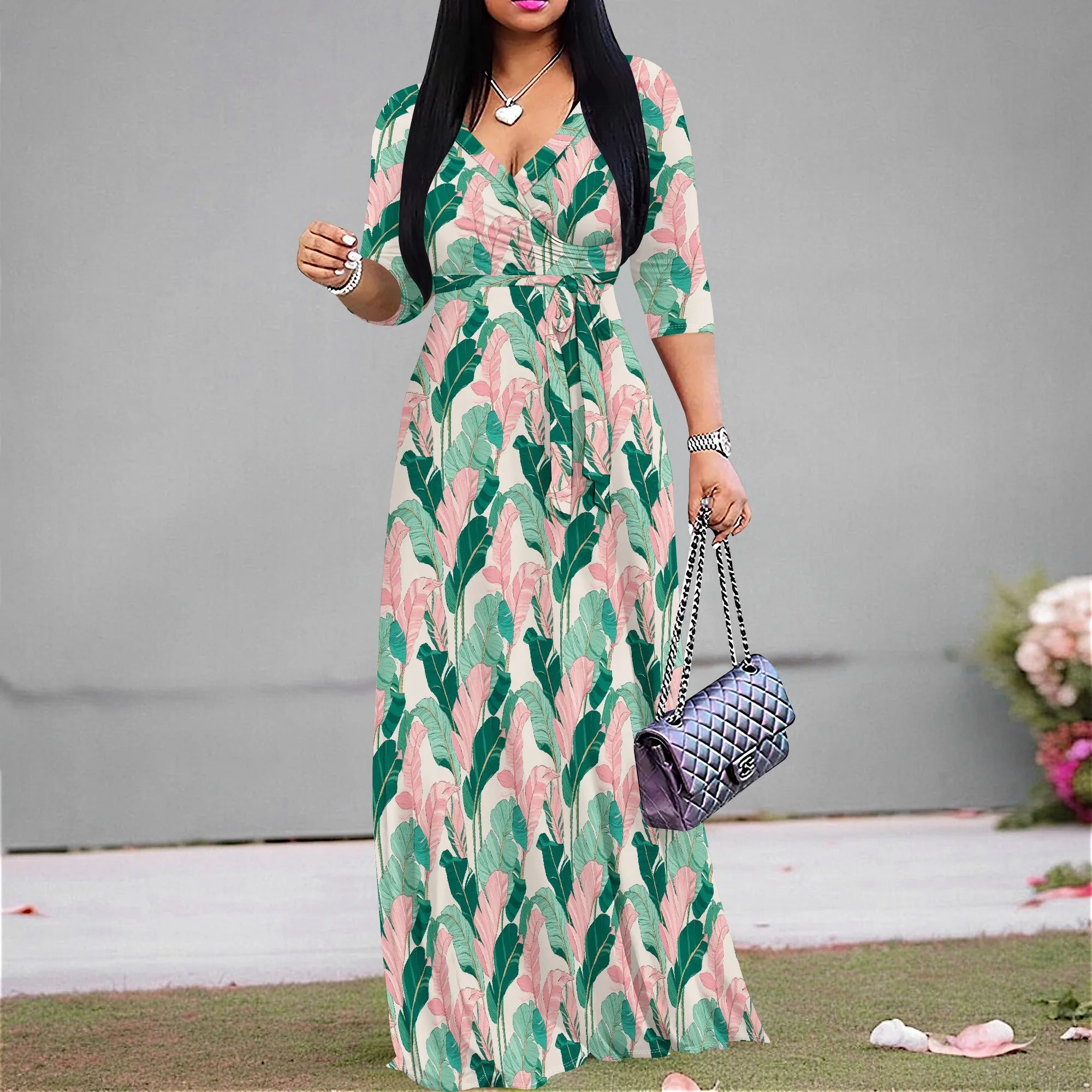 Tropical Leaf Print V-Neck Maxi Dress