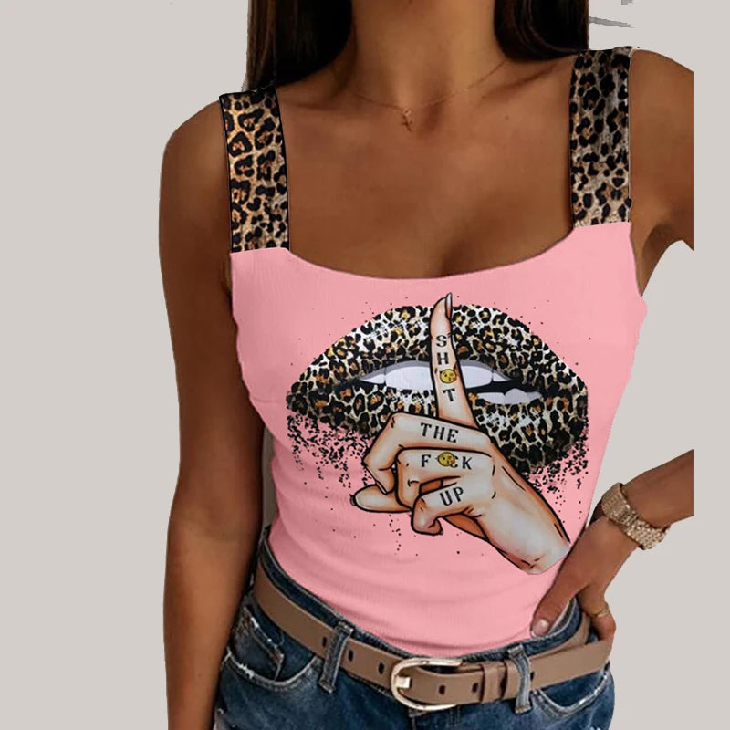 Leopard Lips Print Sleeveless Sexy Tank Tops