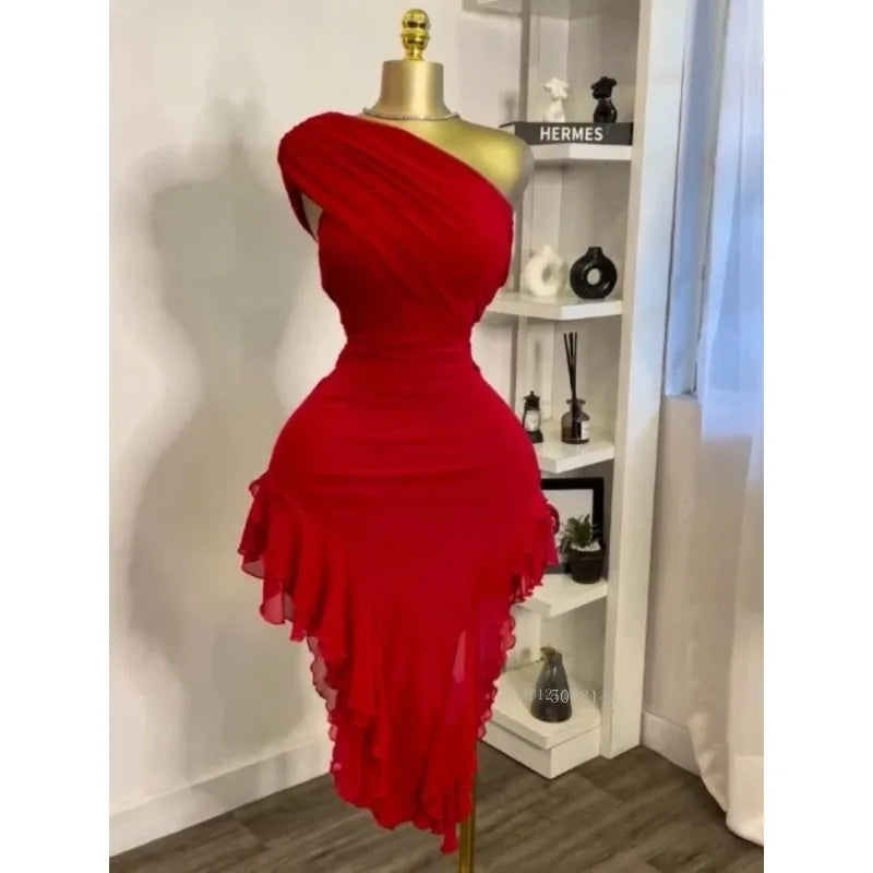 Elegant Women One Shoulder Stacked Ruched  Ruffles Asymmetrical Bodycon Midi Dress