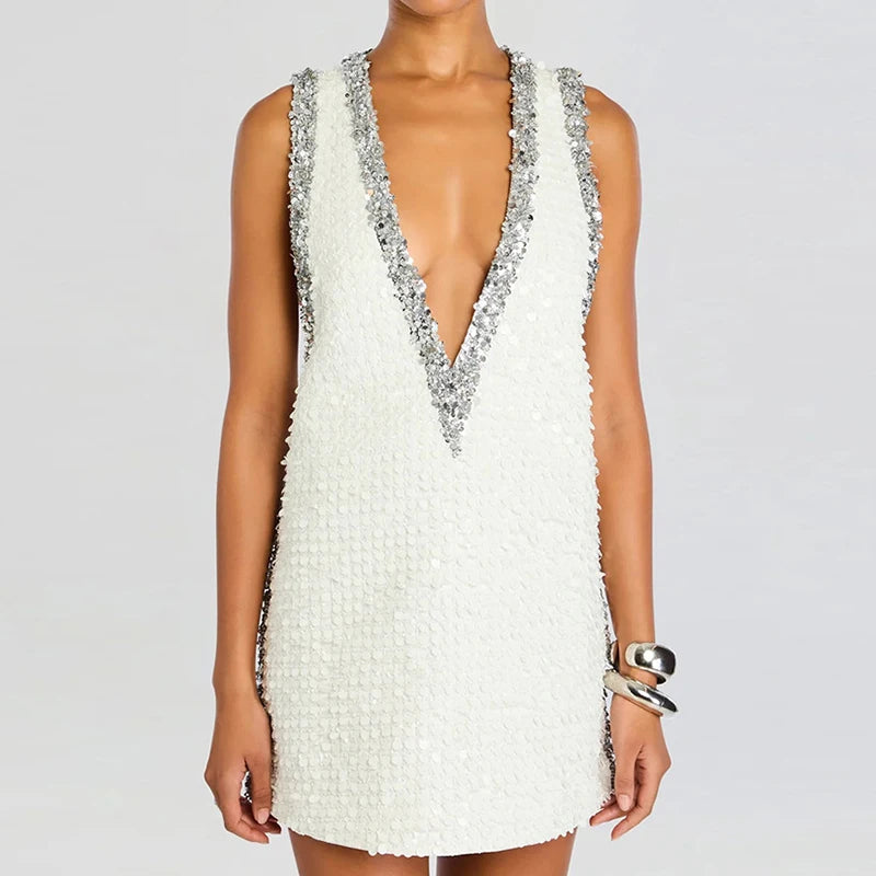 New Women Summer Deep V Neck Sequins Patchwork Mini Dress
