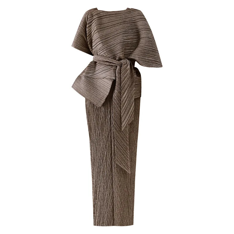 High End Fashion Pleated Irregular Belt Shawl Sleeveless Backless Long Dresses