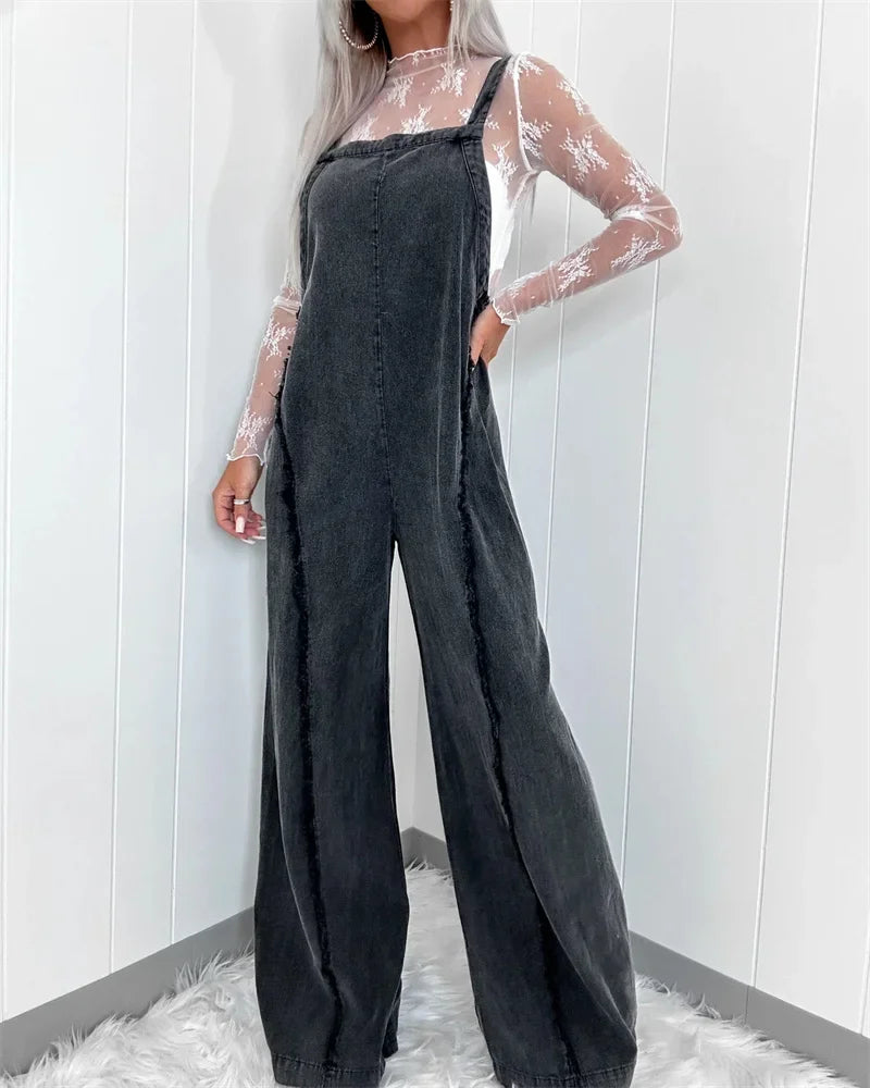 Vintage Washed Raw Edge Denim Jumpsuit