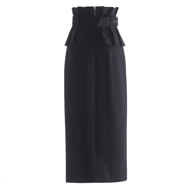 Spring New Wide Ruffled Belt DecorationSolid Color Straight Hight Waist Long Skirts