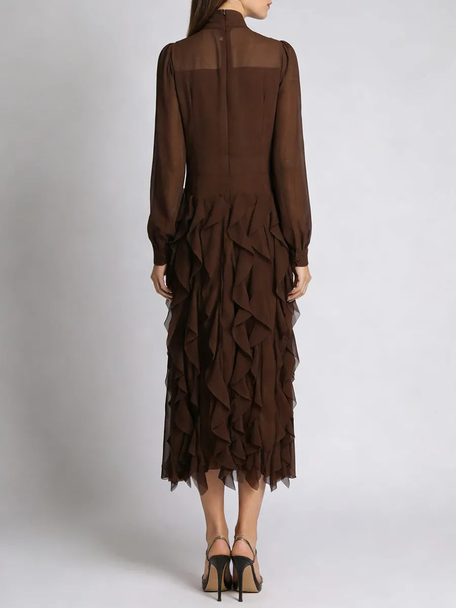 Solid Sheer Spliced Stand Neck Long Sleeves Tunic Patchwork Bow Dress