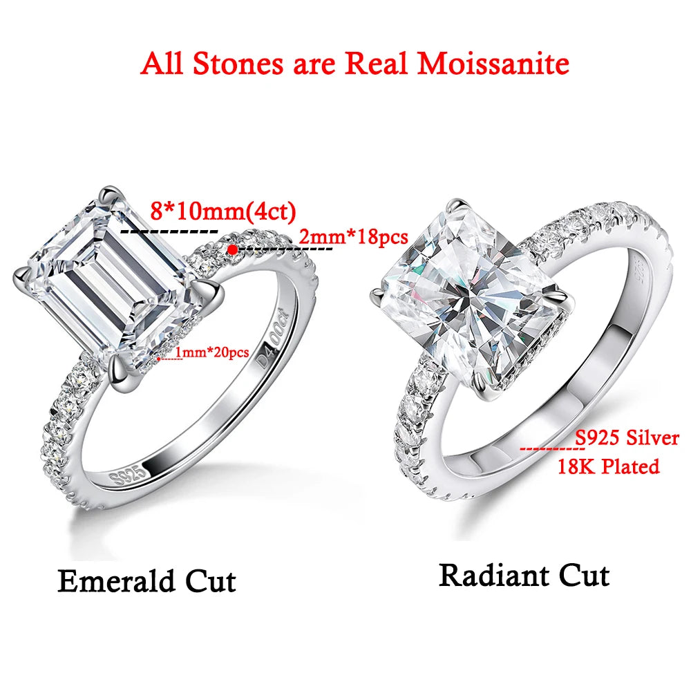 Emerald/Radiant Cut Real Full Moissanite Ring for Women