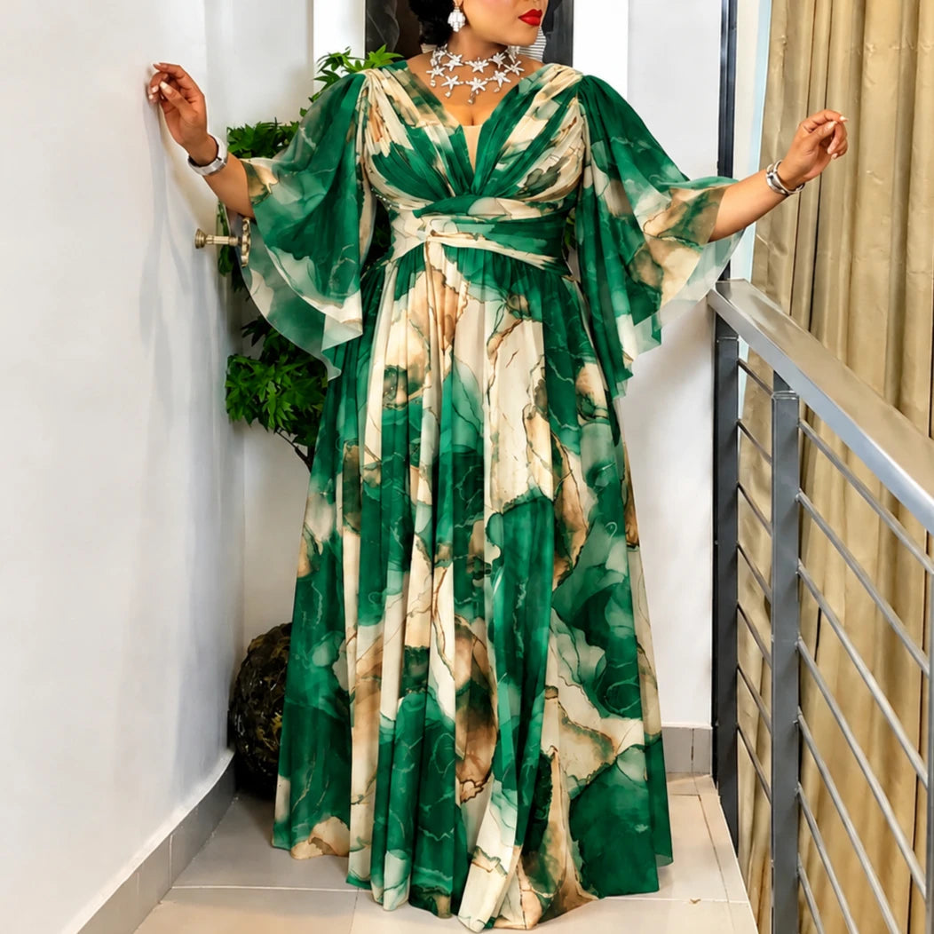 Women’s Elegant Chiffon Printed A‑Line Maxi Dress