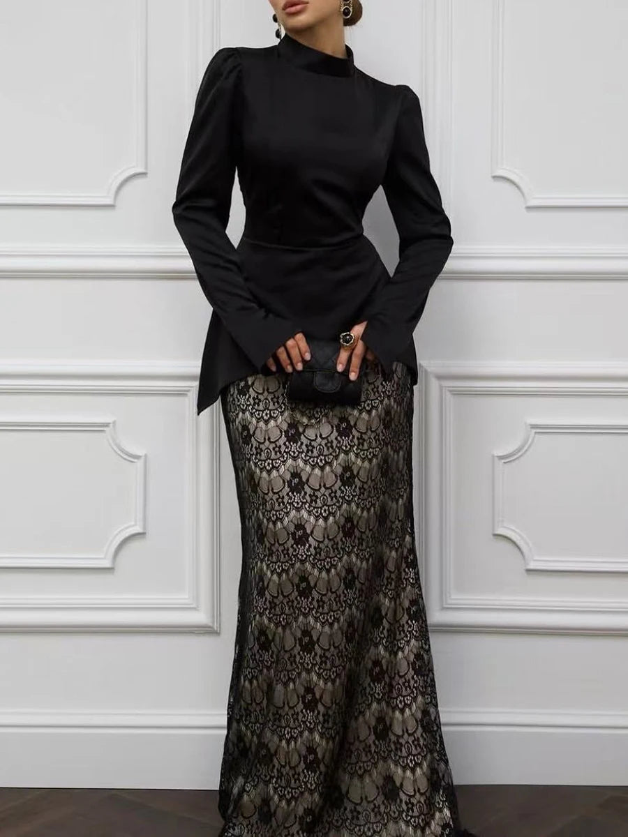 Solid Elegant Stand Collar Long Sleeve Top High Waist Lace Skirt Slimming Set