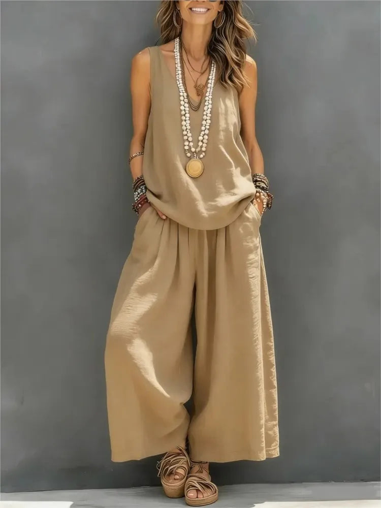 Casual Cotton Linen Vest Trousers 2-piece Summer New Fashion Loose Retro Simple Women's Vacation Wide-leg Trousers Set 2026
