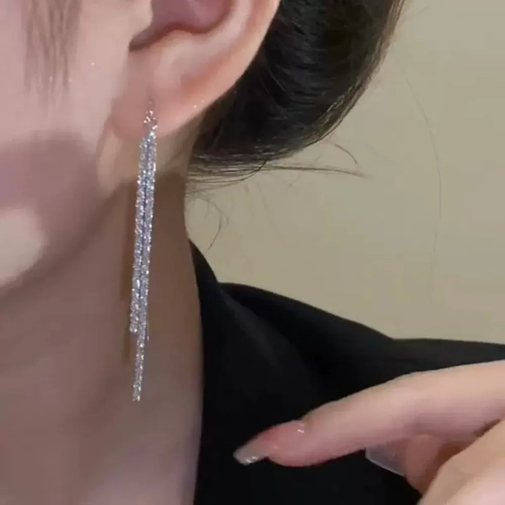 Classic Fashion Long Tassels Shiny Silver Color Drop Dangle Earrings