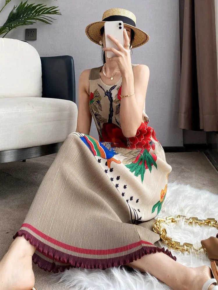 Summer Minimalist Printed Sleeveless Pleated Dress