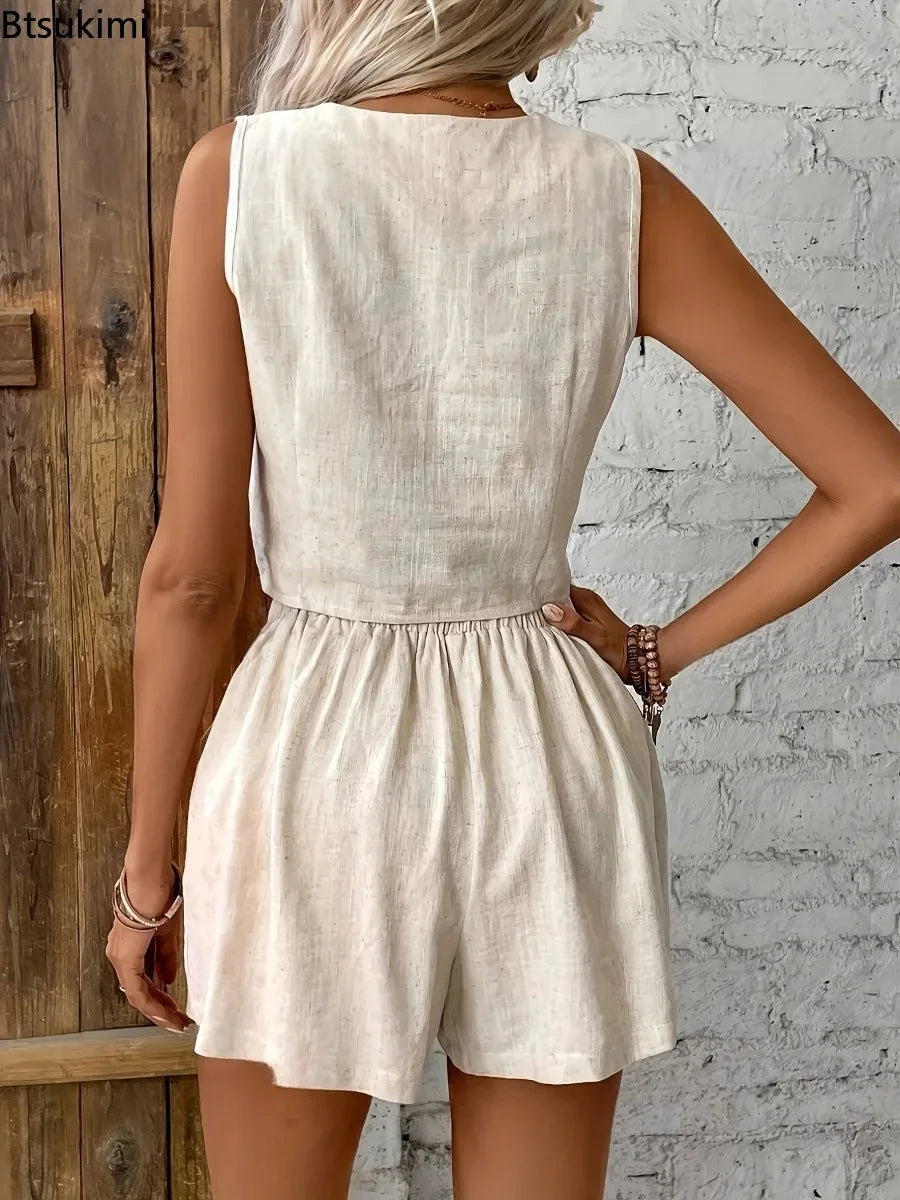 Solid Casual  Sexy V-neck Sleeveless Vest Tops and Shorts Suit