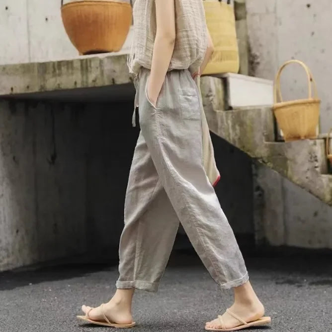 2026 Cotton Linen Loose Casual Solid Simple Drawstring Pockets Straight Leg Pants