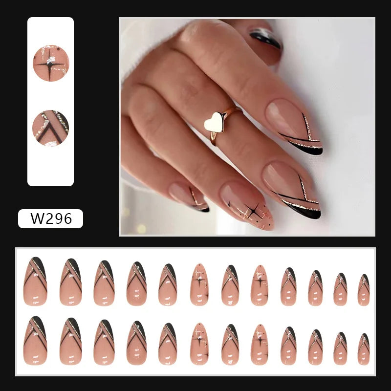 24Pcs/Box Almond Round False Nails Detachable Stiletto Fake Nails