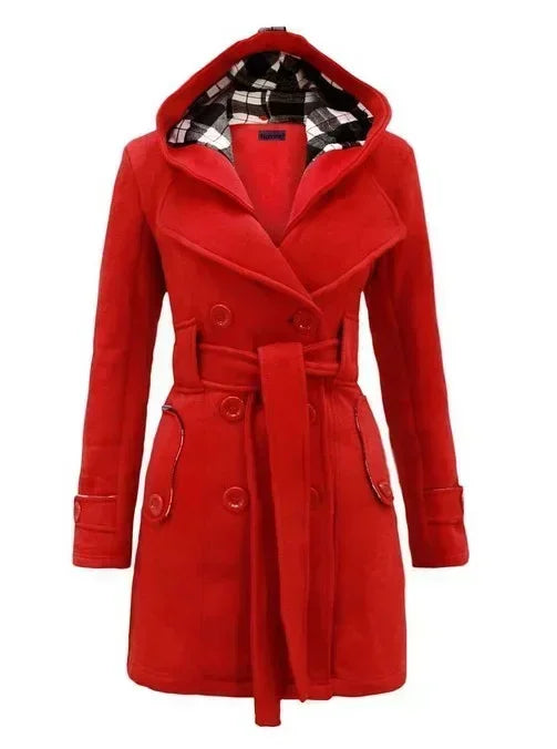 2026 Autumn Hooded  Double-Breasted Design Belt Side Pockets Plaid Splice Woolen Coats