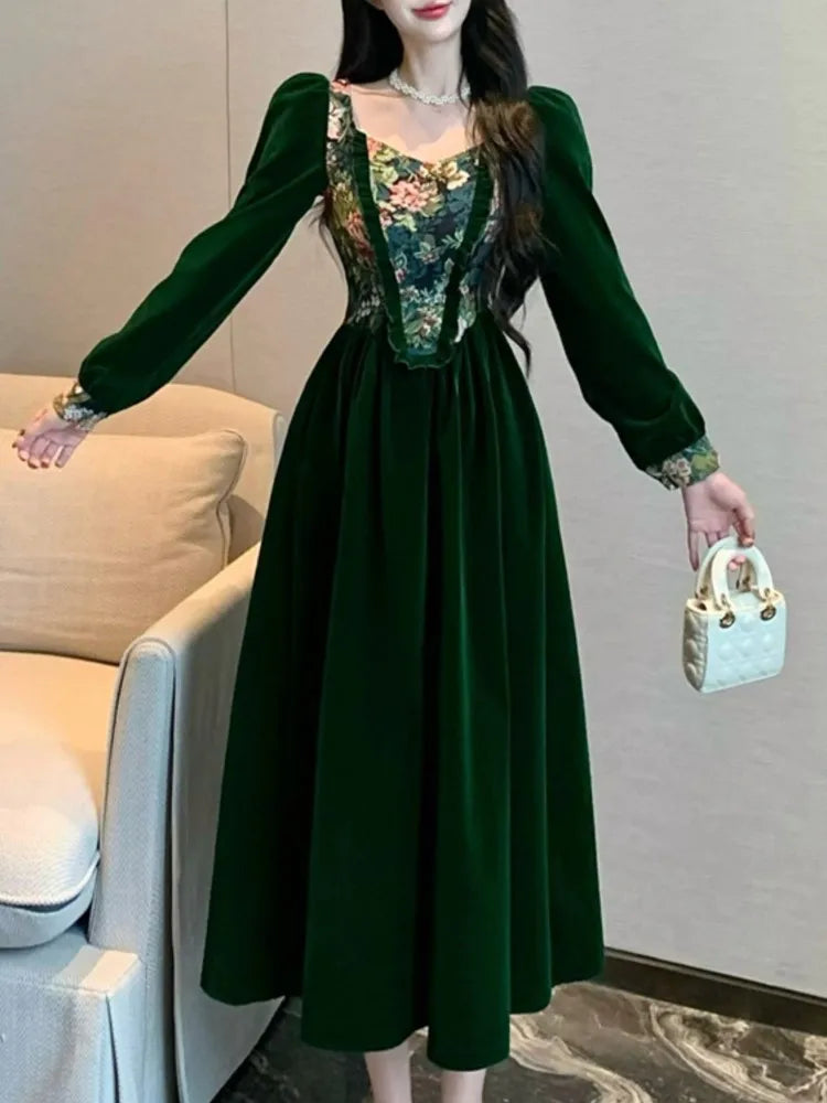 Women Green Velvet Long Sleeve Party Dress