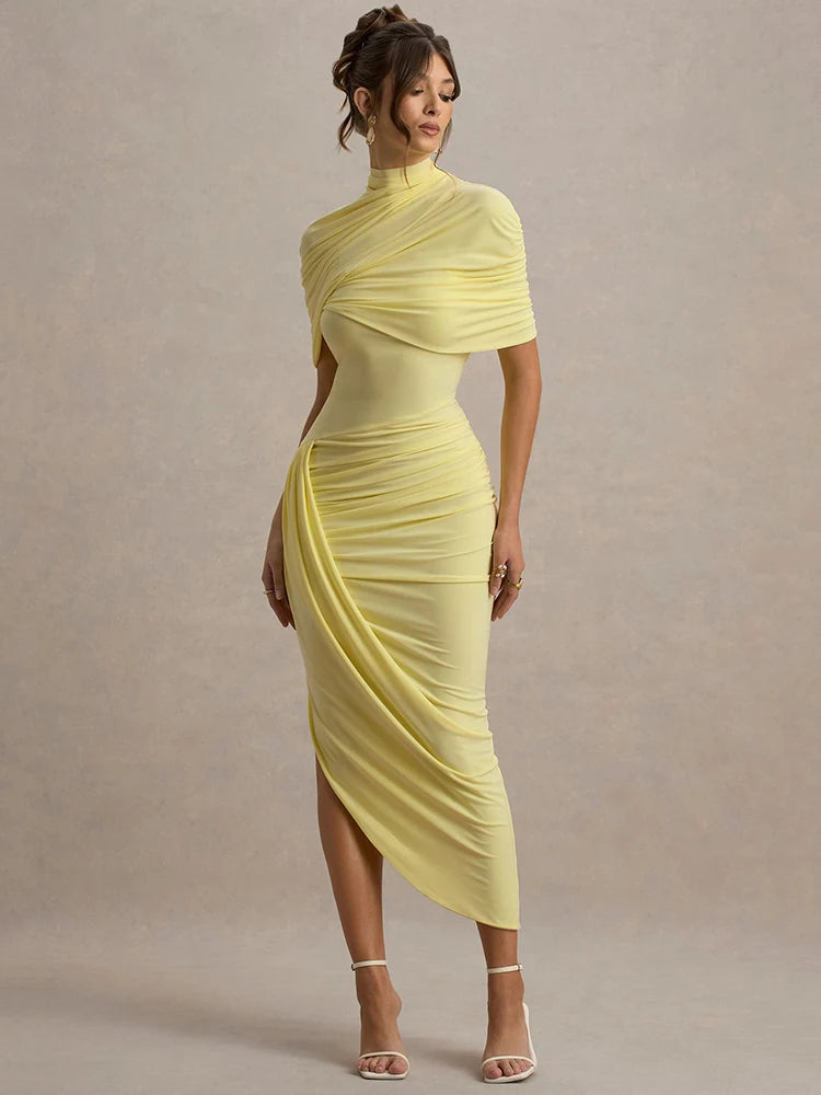 Half Sleeve Backless Ruched Sexy Maxi Dress