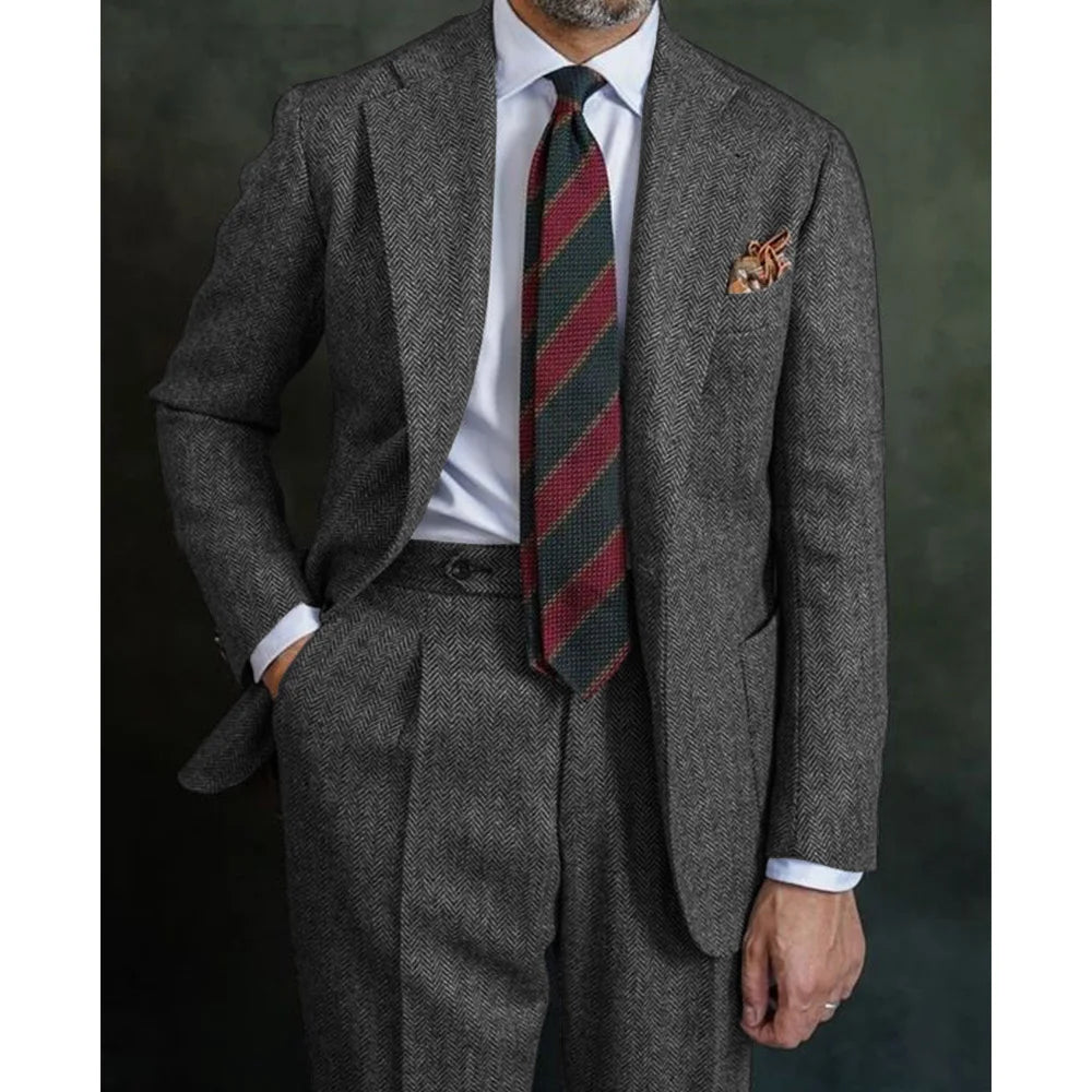 Classic Men’s Three‑Piece Herringbone Suit Set – Blazer, Vest &amp; Pants in Coarse Wool Blend