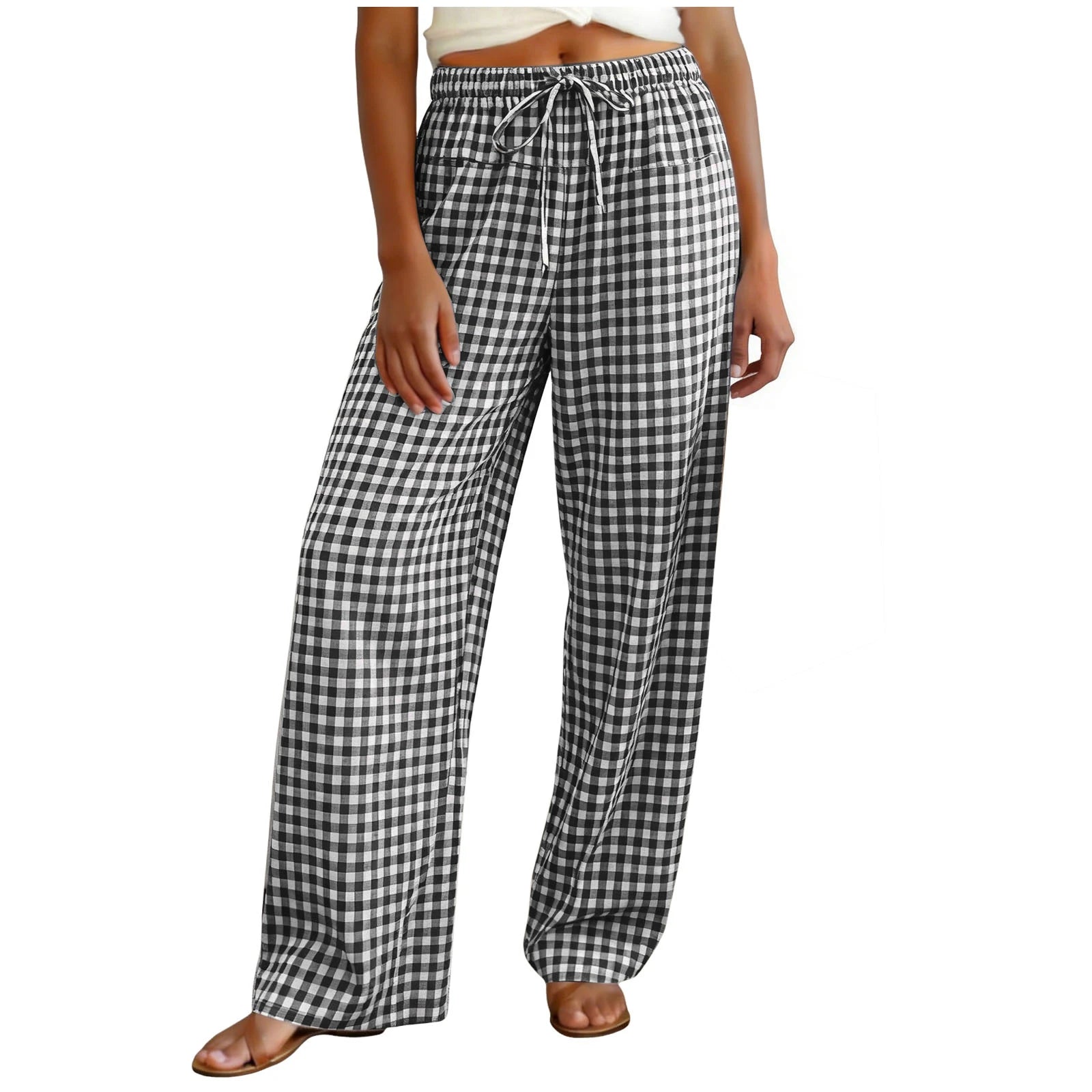 High Waisted Wide Leg Plaid Drawstring Casual Trousers