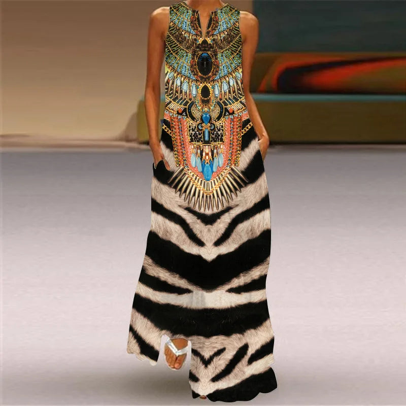 Summer Dress Sleeveless V Neck Floral Letter Print Maxi Long Dresses