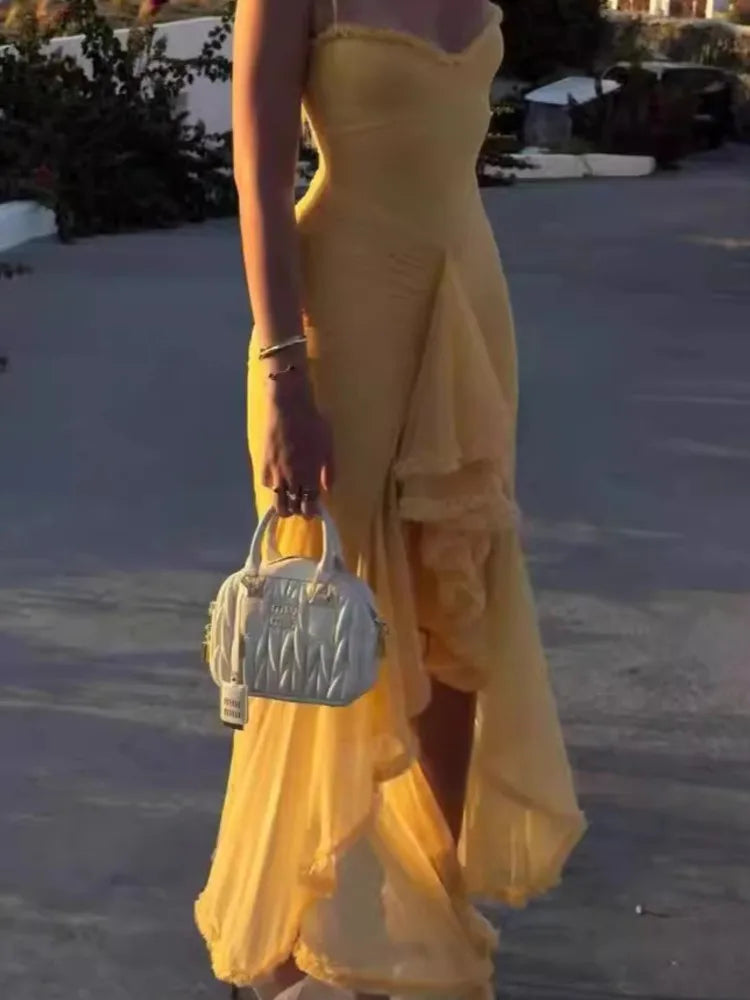 Elegant Irregular Ruffles Hem Pleated Sling Maxi Dress