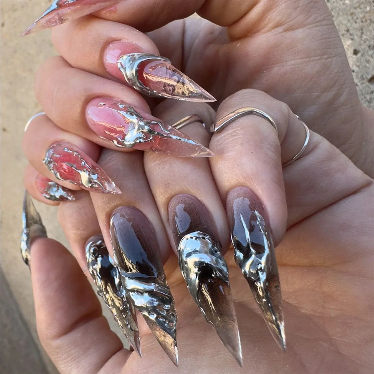 24Pcs Black Fake Nails with Diamond Halloween Long Almond False Nail Butterfly Design Wearable Oval Press on Nails Tips