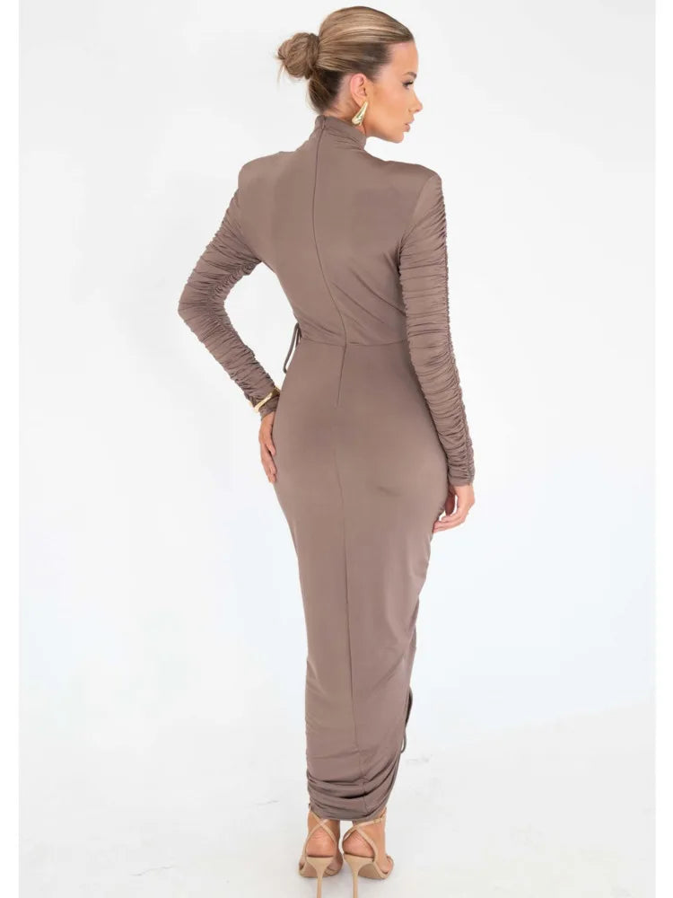 Elegant Long Sleeve Pleated Maxi Dress