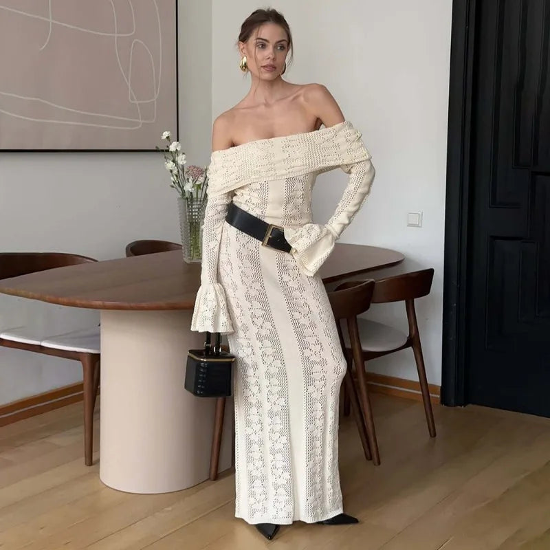 Elegant Knitted Fashion Hollow Out One Shoulder Vacation Long Dresses