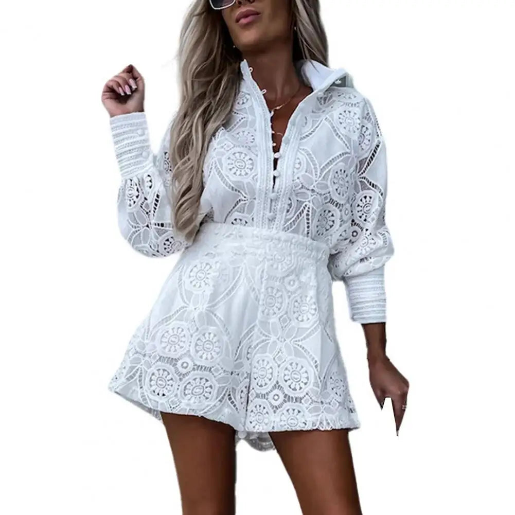 Long Sleeve Single Breasted High Waist Embroidery Hollow Lace Shirt Wide Leg Women Shorts Set