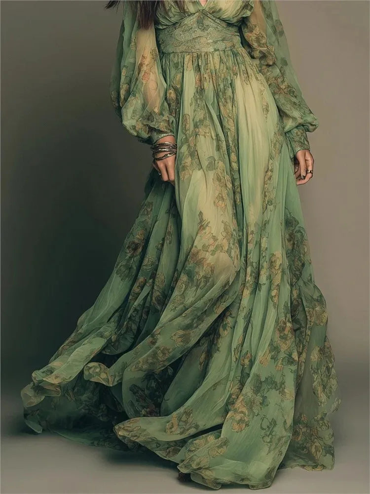 Spring Print V-Neck Long Sleeve Flowy Dress