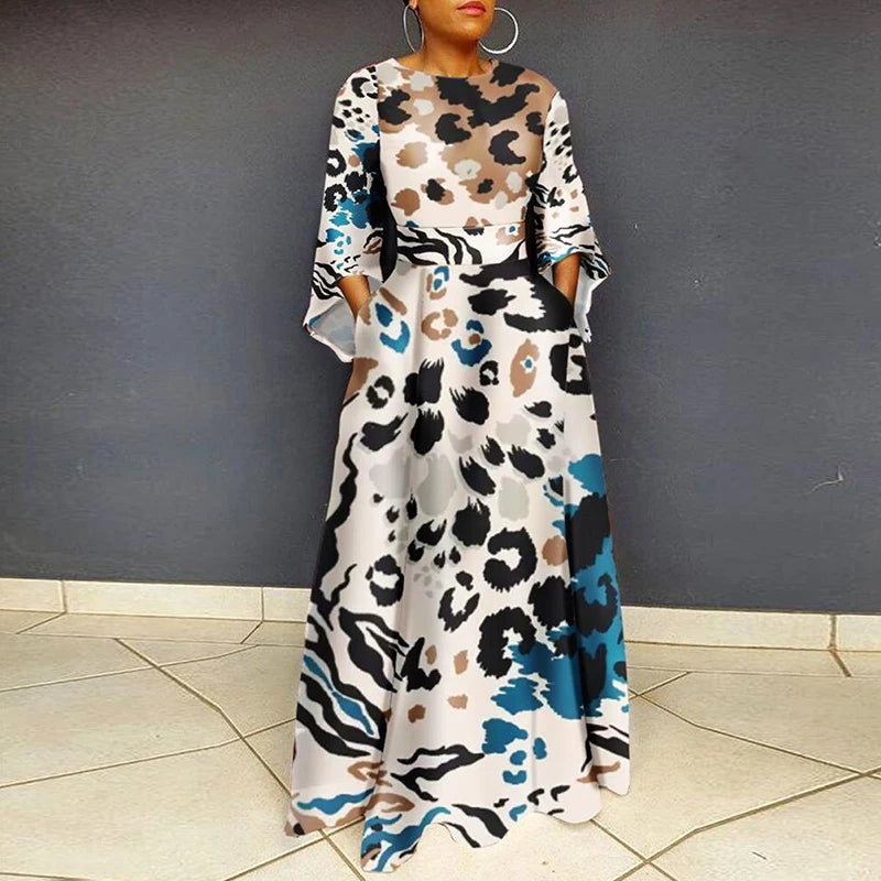 Vintage WPlus Size O Neck 3/4 Sleeve Leopard Print Maxi Long Dress