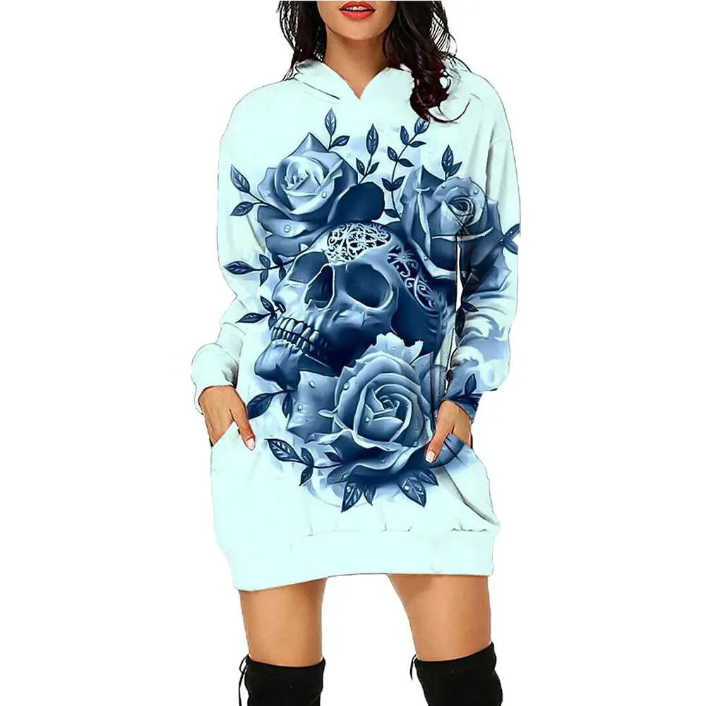New 3D Print Skull Long sleeved Pullover Fashion Mid length Hoodie Dress